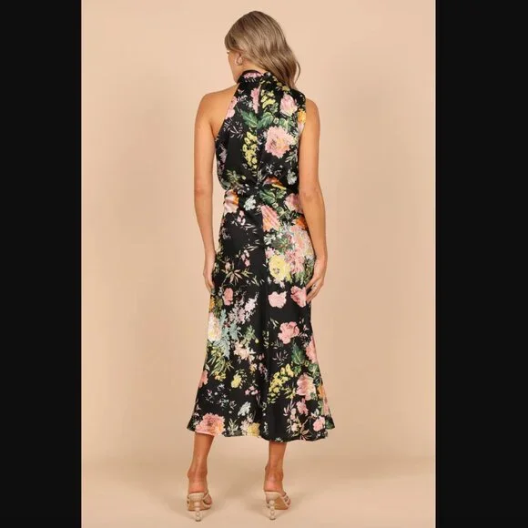 Petal & Pup Anabelle Black Floral Satin Halter High Neck Midi Dress XL - Picture 3 of 11